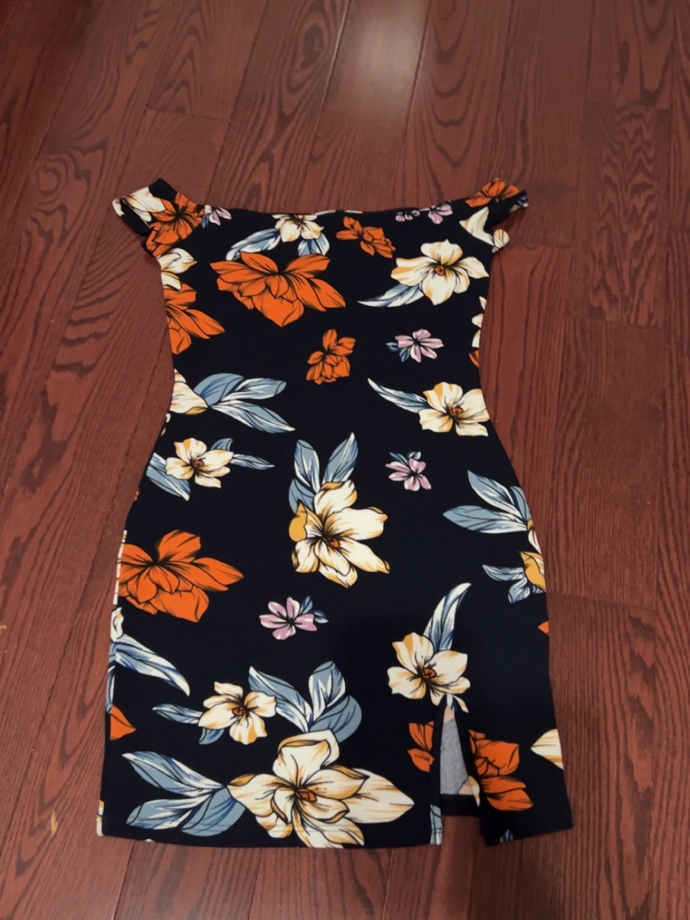 SHEIN Black Off-Shoulder Floral Mini Dress with Orange & Cream Blooms